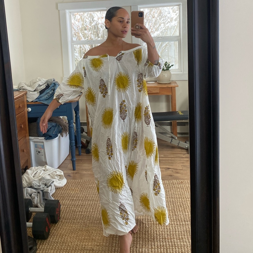 Par & Escala Mafalda White and Yellow off the shoulder Floral Maxi Dress